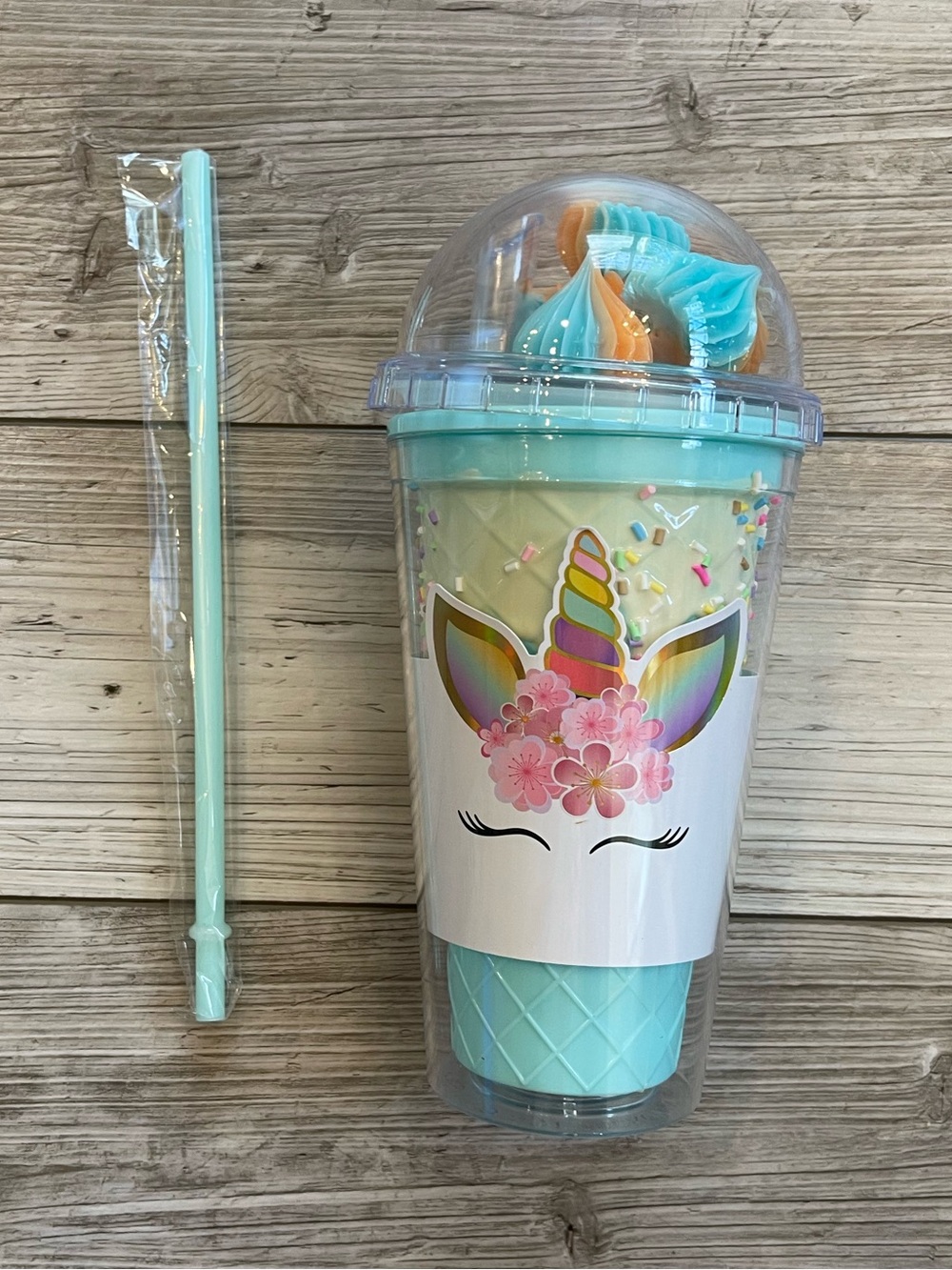 Doe A Dear | Blue Unicorn Whipped-Top Tumbler with Straw